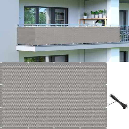 Balkon Sichtschutz Wetterfest 140 x 370 cm Blickdichte Windschutz Und Uv-Schutz Balkon Sichtschutz Uv-Schutz mit Ösen, Nylon Kabelbinder Und Kordel, für Garten, Hellgrau