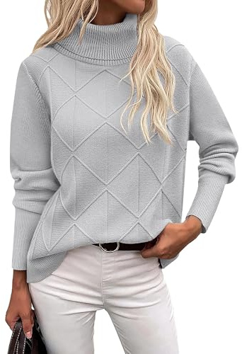 Zeagoo Fall Sweaters for Women 2026 Turtleneck Ribbed Long Sleeve Cable Knit Pullover Tops Gray