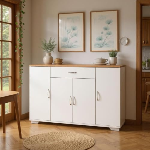 FurnitureR Armadio a buffet bianco, design moderno, materiale MDF, larghezza 110 cm, soluzione di stoccaggio compatta