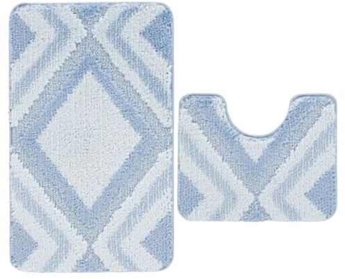 Nest & Nibble Bath Mats 2 Piece Set Non Slip Bath Mat & Toilet Rug – Soft Microfiber, Quick Dry, Machine Washable, Water Absorbent Shower Mats – Bathroom Carpet Essentials (Blue Design1, 50x80)