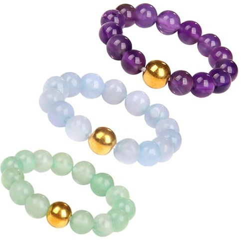 ElevaPulse 3 Stück anxiety ring damen Naturkristall, eleganter anti stress ring mit 18 Karat vergoldeter Perle, diskreter stressring zur Entspannung, elastischer perlenring Set für Damen Lagenlooks