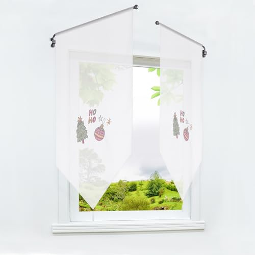 HeichkelL Scheibengardine mit Quaste 1 Stück Transparente Gardine Weihnachten Bistrogardine Kurzstores mit Stickerei Weiß HxB 90x60 cm