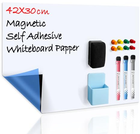 CUHIOY Whiteboard Folie Magnetisch Selbstklebend A3 für Jede Glatte Oberfläche, Mit Neuer Schmutzabweisender Technologie, Einkaufsliste Kühlschrank, Notiztafel Büro, Inkl 3 Whiteboard-Stiften