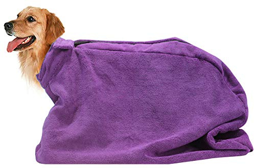 Pethiy Premium Microfiber Dog Drying Bag - Quickly Removes Water Mud and Dirt - Extra Absorbent Towel Solution with Durable Hook and Loop Neck Strap-Purple-S Plus