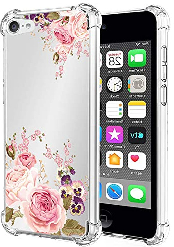 Yerebel Süße transparente Handyhülle für iPod Touch 7/Touch 6/Touch 5 Hülle Weiche TPU Silikonhülle mit Stoßfester Rand & Flexibler Schutz Schutzhülle für Apple iPod Touch 5/6 / 7th Rosenblüte
