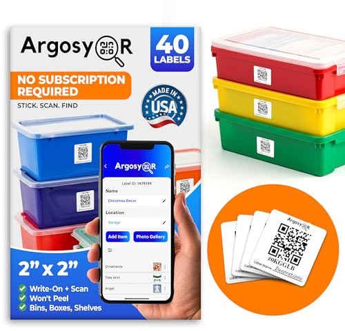 Argosy QR Code Smart Labels for Storage Bins – 40 Pack 2x2 Inch – Won't Peel Off – USA Made | Bins, Moving Boxes, Totes & Inventory Organization