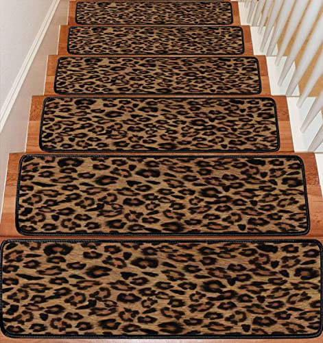 Stair Treads Carpet Set of 13 Seamless Abstract Leopard Wild Animal Skin Print Animal Non-Slip Self-Adhesive Safety Rug Stair Mats Step Runner Indoor Wooden Steps for Kids Dogs 30x8