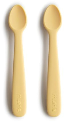 Mushie 2-pack babyskedar för barn BPA-fri silikonsked | Diskmaskinssäker matsked | hållbart tillbehör för småbarn | Daffodil