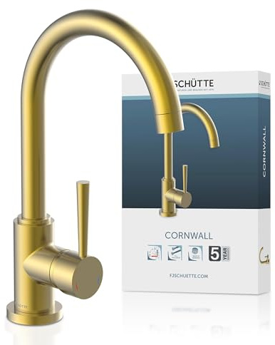 SCHÜTTE 79167 Küchenarmatur Cornwall, Gold, Spültischarmatur Küchenspüle | 360 Grad schwenkbarer Wasserhahn Küche, Mischbatterie für die Spüle mit Einhebelmischer