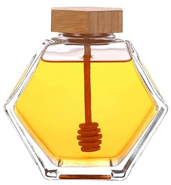 ericotry 1PCS Barattolo di Miele in Vetro Vuoto a Forma Esagonale Bottiglia di Imballaggio con Mestolo in Legno e Coperchio in Sughero per la Cucina di Casa Stoccaggio Sciroppi (380ml/12.8oz)
