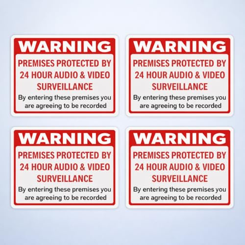 Inside Window CCTV Warning Stickers – Printed Side is Sticky | 24 Hour Audio & Video Surveillance | 4 Pack | 100mm x 70mm