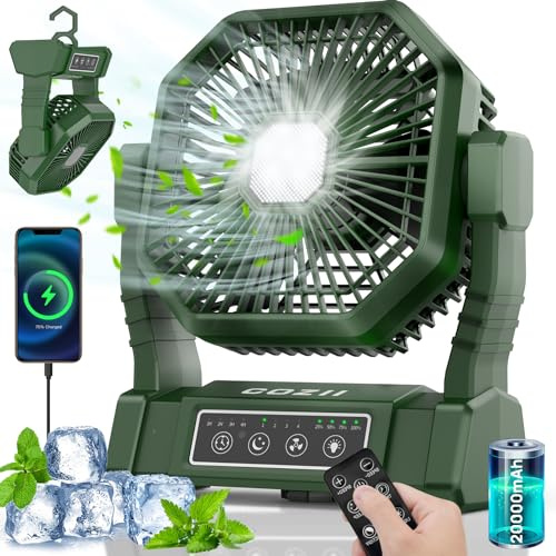 COZII Camping Ventilator, 20000mAh Tragbarer Ventilator Akku mit LED Licht & Fernbedienung, Haken, USB Ventilator Leise Tischventilator für Outdoor Camping, Zelt, Stromausfall, Angeln, Büro