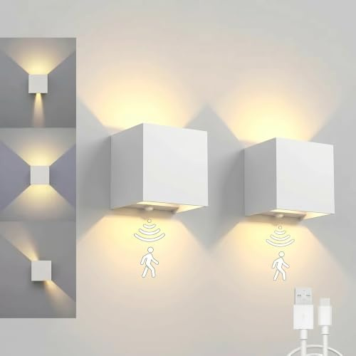 SURPALIG SUPALIG Wandlampe Innen mit Bewegungsmelder 6000mAh Wandleuchte Batteriebetrieben 12W 3000K, USB Wandlampe mit Schalter,Kabellose Einstellbar Abstrahlwinkel Wandbeleuchtung Treppen Flur