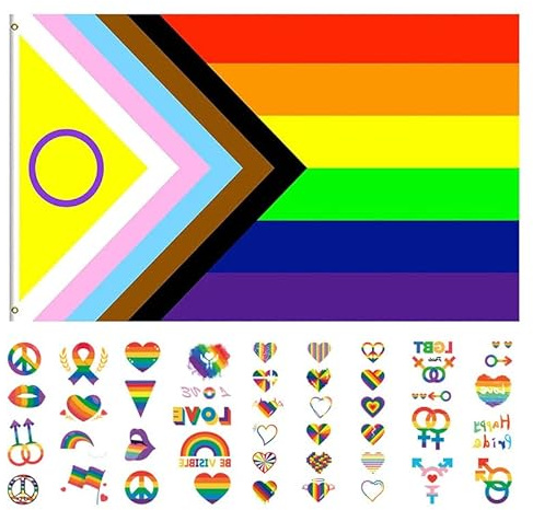 Bandera Arcoiris, 150x90 cm Bandera LGBT + 4 Piezas de Rainbow Pegatinas, Bandera Orgullo Gay con Ojales de Latón - Tejido de Poliéster - A prueba de Viento - para Decoración, LGBTQ Proud Parade