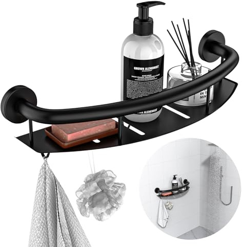Schwarzer 45,7 cm Sicherheits-Haltegriff mit Ablagefläche für Badewanne oder Dusche, Entwässerungslöcher, Edelstahl, Wandmontage, Haltegriffe für ältere Menschen und Verletzte, Balance-Unterstützung