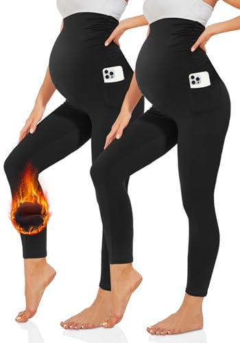 TNNZEET mammaleggings dam, mammamode, ogenomskinliga, graviditetsleggings, mammabyxor, långa med fickor för yoga, Termisk svart, XL