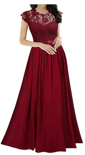 2021 Nuevo Vestido Ajustado de Gasa con Costuras de Encaje, Vestidos Largos para Damas de Honor, Vestidos de Noche para Mujer, Bata de Color sólido para Mujer -Rojo-M