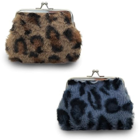 FuninCrea 2pcs Coin Purse, Plush Small Coin Purse Portable Coin Pouch with Leopard Pattern for Women and Girls, Kiss Lock Coin Wallet Change Pouch for Store Coin Cards Keys Cash (Grey+Brown)