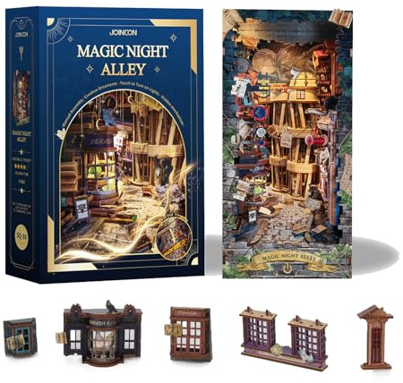 Magic Book Nook Kit 3D Wooden Puzzle Booknook Kit for Adults Decorative Bookend Stand Book Nook Bookshelf Insert Bookcase Toy for Teenagers Gift Model Kits SQ-16 (Magic Night Alley)