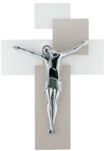 PuntoCasaStore Crocifisso da Parete Cristo Moderno Legno Nocciola Cristo Argentato 27x19 Medio - bomboniera Idea Regalo Decorazione complementi