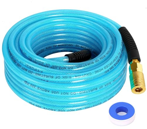 FYPower Air Compressor Hose 1/4 Inch x 50 Feet Reinforced Polyurethane (PU) Air Hose with Fittings, Bend Restrictors, 1/4 Industrial Quick Coupler and Plug Kit, Blue