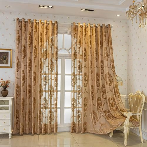 Bishilin Vorhänge mit Ösen 2er Set, Gardinen Lichtdurchlässig Braun Jacquard mit Blumen Muster Amerikanisch 107x214CM Vorhänge Halbtransparent Wohnzimmer Schlafzimmer Kinderzimmer