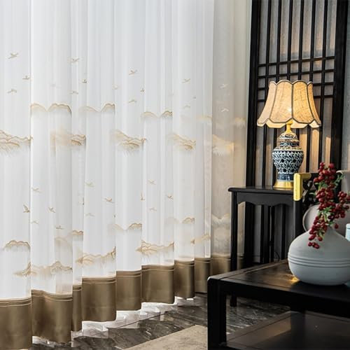 Beydodo Vorhänge Weiß Beige 2er Set mit Haken 107x147CM, Gardinen für Schienensystem Vintage mit Landschaft Muster Gardinenschals Polyester Halbtransparent für Wohnzimmer Schlafzimmer Küche