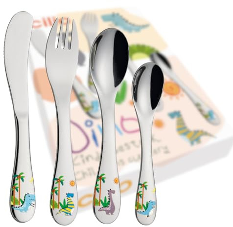 cilio Barnbestick DINO | 4 delar | rostfritt stål | ergonomisk form | barnkniv 21 cm, barngaffel 21 cm, barnsked 20 cm, liten sked 17 cm | ingraverat dinomotiv