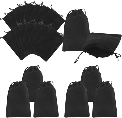 24x Samtsäckchen Klein, 10x15cm Schwarz Stoffbeutel mit Kordelzug | Schmuckbeutel Geschenksäckchen, Samtbeutel Klein, Mini Beutel für Schmuck, Gunsten Ringe Hochzeiten Partys