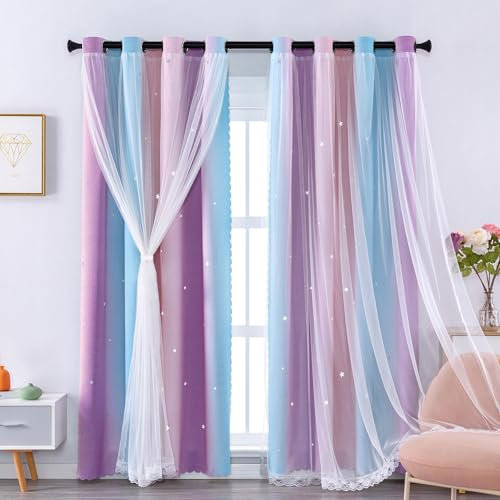 XiDi Blaue Verdunkelungsvorhänge mit Netz 137 cm Drop Hollow Out Star Pattern Mix Weiß Voile Vorhänge mit kurzen transparenten Ösen für Kinder Jugendzimmer