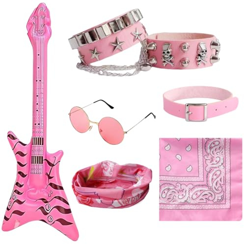 Rockstar-Kostüm-Set, 7-teilig, Punk, Gothic, Rocker-Kostüm-Set, aufblasbare Gitarre, Punk, Rockstar-Zubehör, Kinder, Rockstar, Schwermetall, Punk, Gothic, 70er, 80er, 90er, Rockstar, Disco-Kostüm,