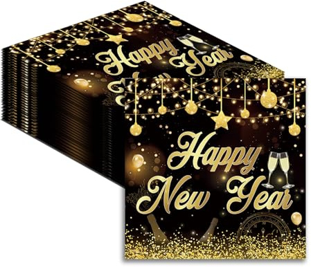 Silvester Servietten 2026,40 Stück Happy New Year Servietten Schwarz Gold Silvester Neujahr Deko mit Goldmetallischer Aufschrift,Silvesterdeko Napkins Deko Tischdeko für Neujahr Party Dekoration