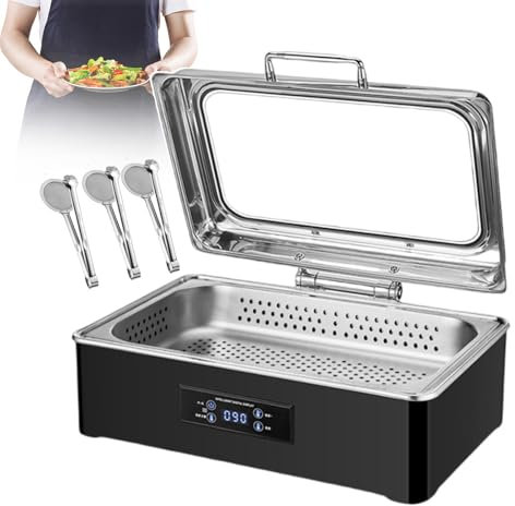 forplubossmmp Scaldavivande Elettrici in Acciaio Inox per Buffet, Tavolo da Vapore per Alimenti di Grande capacità, Pentola Scaldavivande da 500 W con Coperchio Trasparente per Uso Commerciale,1-Grid