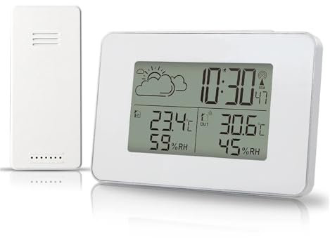 RUHEN Reloj Despertador con estación meteorológica, Sensor inalámbrico Digital electrónico, Reloj de Mesa con función de repetición, termómetro DCF, higrómetro