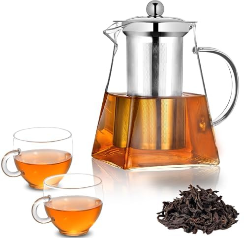 Square Glass Teapot with Infuser, Tea Pot for One, Clear Easy Clean Borosilicate for Stovetop Safe,Glass Teapots for Blooming Tea,Loose Tea,Flowering Tea (550ML+2CUPS)