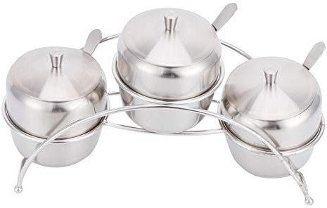 LUNWJJIP Lot de 3 Récipients à Épices en Acier Inoxydable Sucrier avec Couvercle, Cuillère et Étagère for Rangement de Cuisine Sel, Poivre, Sésame, Épices, Poudre de Curry, Sucre, Piment 8 X 10 Cm