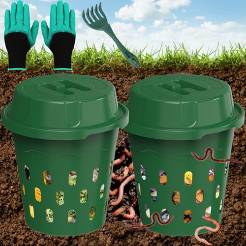 TOP XIAN Inground Worm Composter, 2-Pack 8L (2.11Gal) Warm Farm, Outdoor Worm Compost Bin for Garden Beds & Home Use, Vermicomposting Bin for Beginners (9.5x9.5x10.8Inch), Green