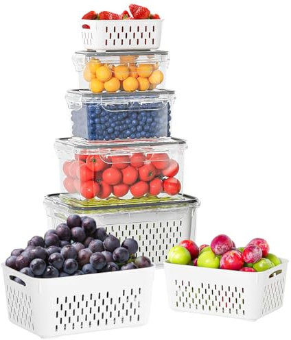 Punklong Kühlschrank Organizer Frischhalteboxen Set mit Deckel und Trennbar Sieb, 4 Stüke Frischhaltedosen für Obst Gemüse Salat Beeren Eier Kartoffel Aufbewahrung