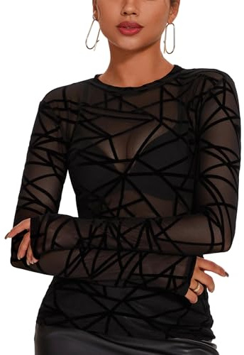 IECCP Top Da Donna Sexy In Rete, Maglia Trasparente Nero, Top A Maniche Lunghe Sheer, Blusa Casual, T-Shirt In Tulle E Rete, Tunika, Abbigliamento Per Club, Festa, Uscita