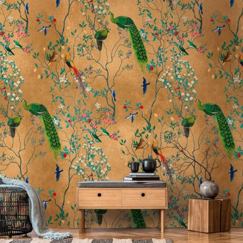 Sfondo fotografico Profhome 398821-GU Carta da parati TNT goffrata a caldo liscia con uccelli opaca marrone verde azzurro azzurro 1,59 m x 2,8 m