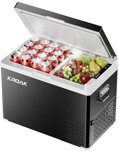 KROAK 40L Kompressor Kühlbox mit Dualzone -20°C bis 20°C,Mobiler Camping kühlschrank für Auto/LKW/Boot,12/24/230V Elektrische Kühlbox mit Trennwand