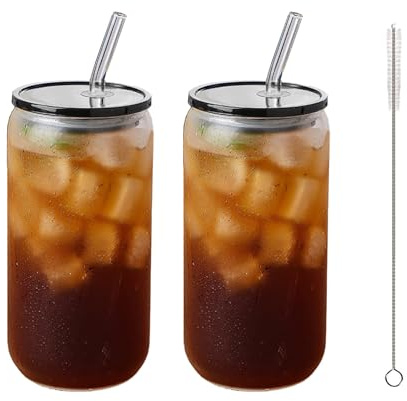 WEELOO Iced Coffee Cup, Drinking Glasses with Lid & Clear Glass Straw | Transparent Clear Cup for Coffee Juice Smoothies Beer Cocktail Milkshake Cups Teacup Whiskey Soda(2 pcs）