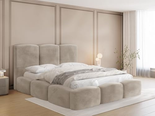 WFL GROUP Polsterbett 180x200 mit Bettkasten & Metall-Lattenrost – Stauraumbett mit hohem Kopfteil in Beige Samt Velours – Modernes Doppelbett mit Stauraum, Bettgestell, ohne Matratze – Harmony