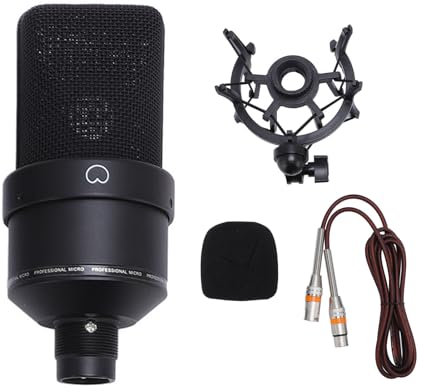 Enregistrement de Studio Microphone de Condenseur XLR, Micro de Diaphragme Professionnel de 26 Mm avec Support de Choc, Pare-Brise, Câble XLR pour Podcasting, Chant, Jeu, (Black)