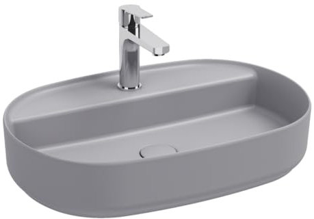 Lavabo ovale da appoggio senza troppo pieno in ceramica con foro rubinetto - Grigio Pietra Opaco