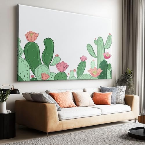 Cuadros en lienzo grandes, cuadros minimalistas dibujados a mano, imagen de cactus sobre lienzo, arte mural moderno estético, XXL, impresión artística decorativa para sala de estar, dormitorio, regalo