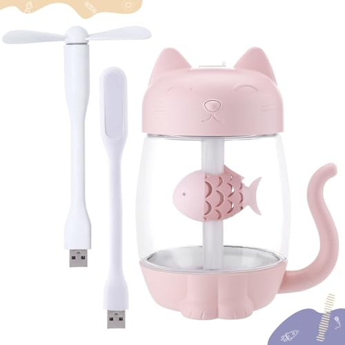 Mini Kitty Humidifier (350ml) with USB LED Light and Mini Fan | Quiet Cool Mist for Children and Babies | Ideal for Bedroom | Gift | Safe | for Summer and Winter (Pink)