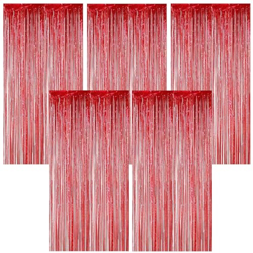 Torytoe Lametta Vorhang Rot, 5 Stück Metallische Glitzervorhang Geburtstag 1x2M Folie Vorhänge Glitzer Tinsel Curtains Folienfransen Vorhang für Geburtstage Festivals Hochzeit Party Bühnendekor