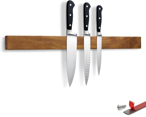 LARHN Magnetleiste Messer Neodym - Akazie, 60 cm - Messerhalter Magnetisch | Messerleiste Selbstklebend Ohne Bohren, Inkl. Schrauben, 3M-Streifen Optional & Montagevideo, Hält Schwerste Messer