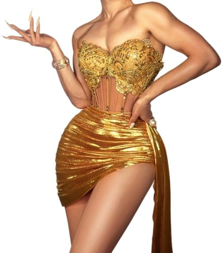 LuuMingCM Gorgeous Golden Dress Set Sexy Tight Corset Asymmetrical Pleated Mini Skirt Nightclub Carnival Dinner Party Dresses
